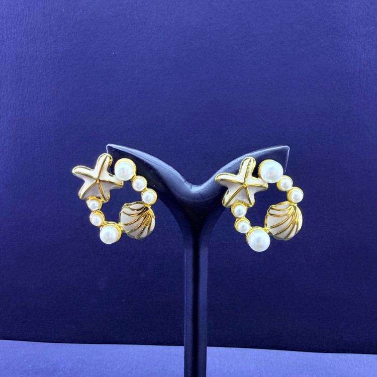 گوشواره میخی استیل تابستونی ساحلی صدف و ستاره دریایی و مروارید در رنگبندی